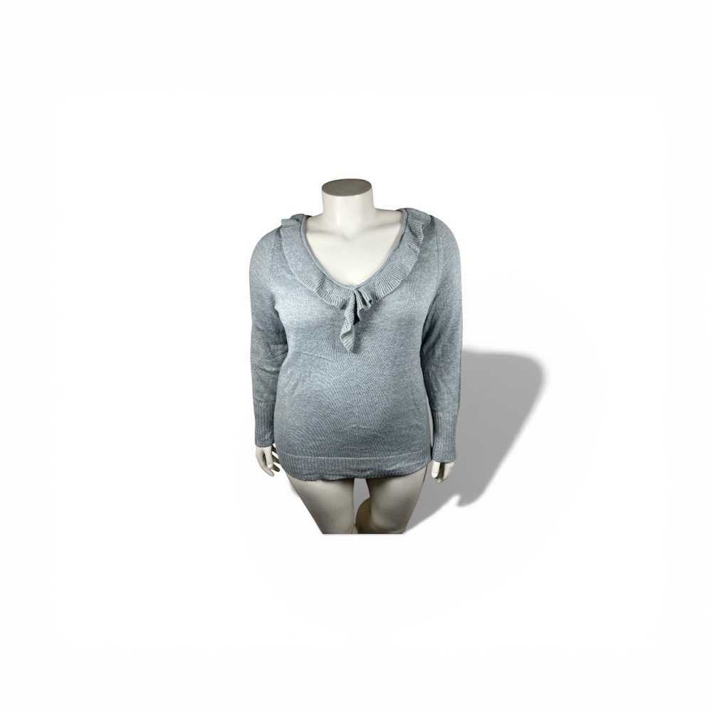 Lane Bryant Womens Sweater 20 Gray Angora Blend Ruffle Collar Long Sleeve Office